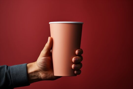 Capture a detailed image of a blank disposable coffee cup held in hand, displaying its texture and details.