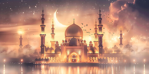 Ornamental Arabic lantern with burning candle glowing at night Festive greeting card invitation for Muslim holy month Ramadan Kareem.
