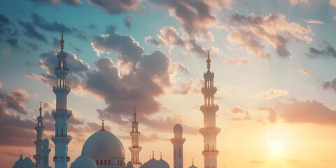  Grand Mosque view, eid mubarak, ramadan kareem, jumma mubarak,White mosque silhouette against sunset mosques. - obrazy, fototapety, plakaty
