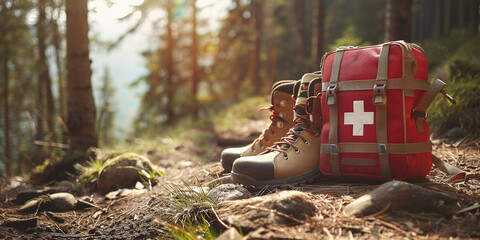 First aid kit and hiking boots in the forest - obrazy, fototapety, plakaty