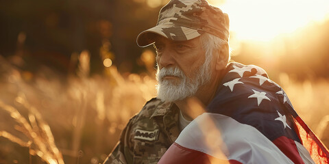 elderly soldier wrapped in usa flag