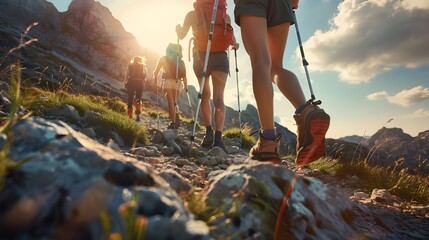 Obraz premium A group of tourists carefully examines the mountain trails, discovering the splendor of the surrounding nature at every step.