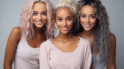 Obraz premium Group of girls taking selfie on blurred background with copy space for text overlay