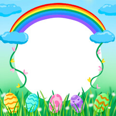 colorful Easter frame with Easter eggs and rainbow, square frame, circle frame