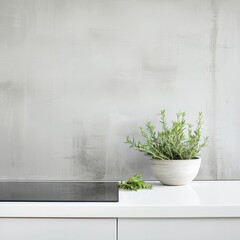 White minimal kitchen and bundles of green rosemary