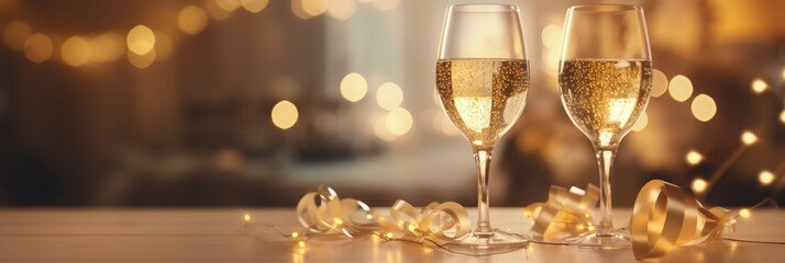 Champagne glasses on festive bokeh background with copy space, elegant celebration concept - obrazy, fototapety, plakaty