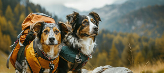two dogs with a backpack stopped while walking along a mountain path - obrazy, fototapety, plakaty