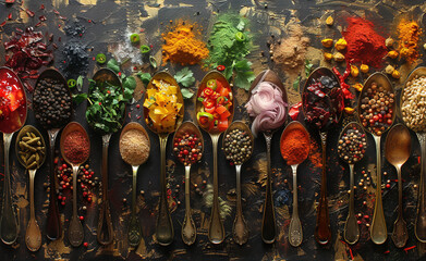 Various types of spices in spoon. Created with Ai