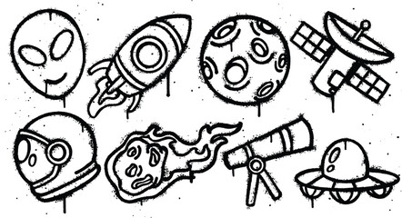 Set of graffiti spray paint Space elements Illustration