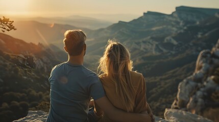 A romantic moment is captured on a colorful background of mountain peaks and a sky colored in shades of sunset.