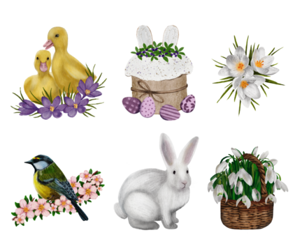 Watercolour painted easter elements on transparent background