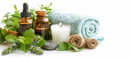 Obraz na płótnie Canvas Aromatic spa essentials: amber oil bottles, mint, lavender, smooth stones, lit candle, rolled towels on white background.