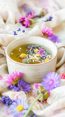 Herbal tea in a rustic mug surrounded by vibrant, colorful flowers; a serene and aesthetic setting evoking calmness, perfect for relaxation and wellness content.