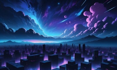 Futuristic city with tall spires under a large moon and starry night sky - obrazy, fototapety, plakaty