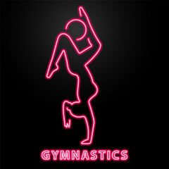 gymnastics neon sign, modern glowing banner design, colorful modern design trend on black background. Vector illustration.