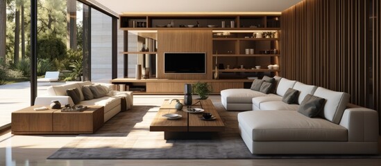 Furnished living space in a contemporary new residence - obrazy, fototapety, plakaty