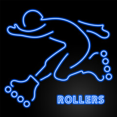 rollers neon sign, modern glowing banner design, colorful modern design trend on black background. Vector illustration.