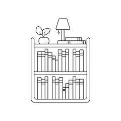 Obraz premium Bookshelf vector. Library vector icon. Cabinet for storing books. Cozy shelves with books. Concept of the linear style of the interior of the library. Furniture shelves vector.
