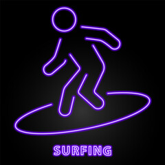 surfing neon sign, modern glowing banner design, colorful modern design trend on black background. Vector illustration.