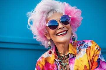 Portrait of a beautiful woman with pink hair and sunglasses over blue background
