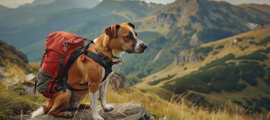dog with a backpack stopped while walking along a mountain path - obrazy, fototapety, plakaty
