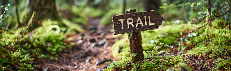 Wooden TRAIL sign in the forest. Navigation for tourists - obrazy, fototapety, plakaty