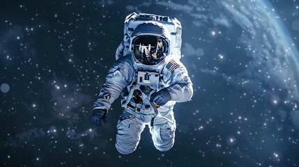 Full body image of Astronaut floating in space, Banner background, Generative AI