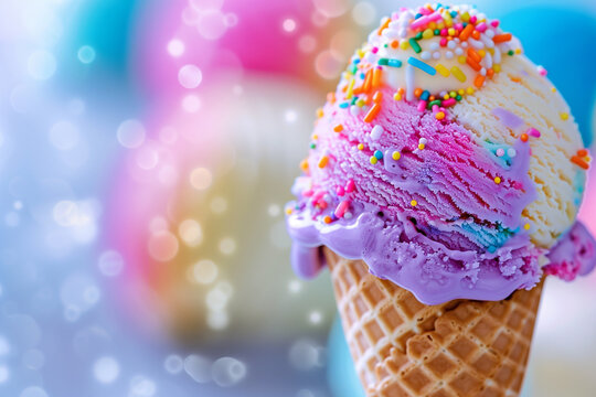 Close-up of colorful ice cream cone with sprinkles, perfect for parties and summer treats.
