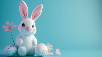 Obraz premium Banner with white toy rabbit and easter egg on blue background. Generative AI