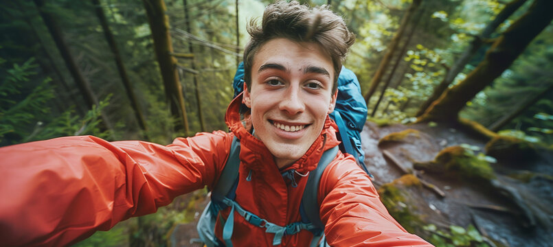Selfie, hiking and teenager in the forest for fitness, adventure or nature exploration