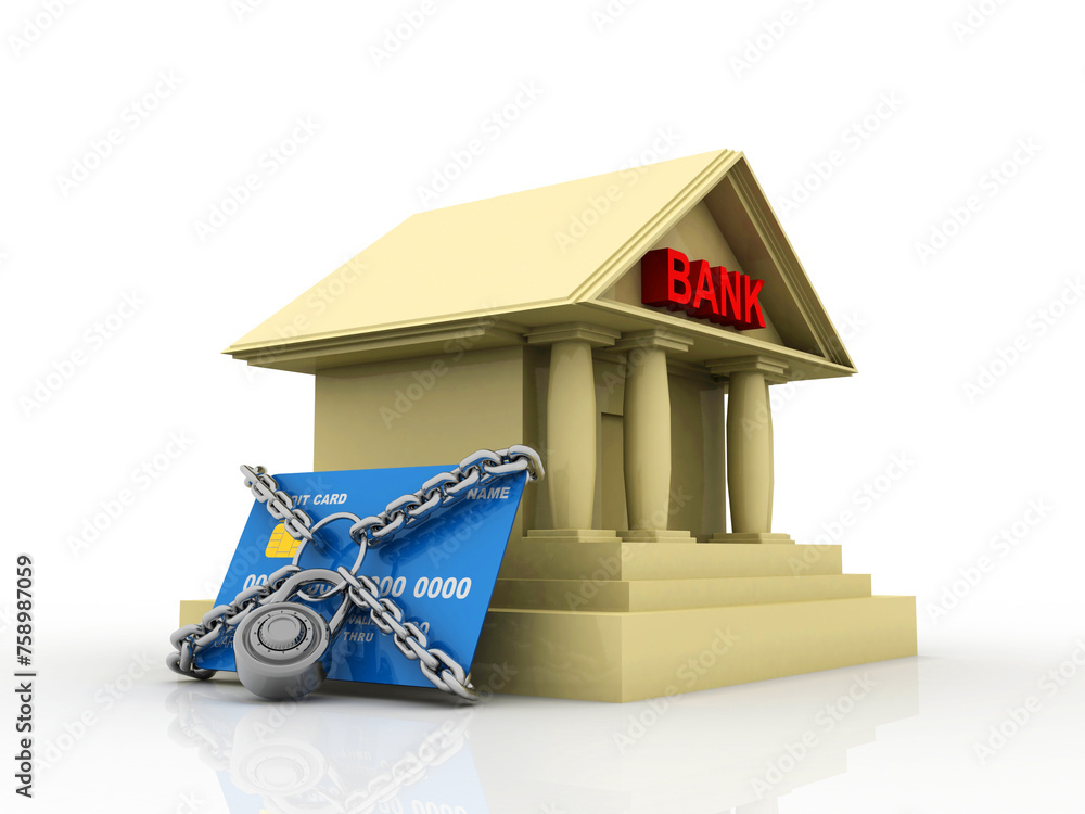 Poster 3d rendering build bank with debit card protection lock