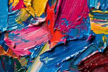 Close-up of vibrant acrylic paint strokes on canvas, ideal for backgrounds or abstract art themes.