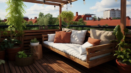 Rustic Rooftop Terrace with Wooden Bench and Potted Plants Overlooking Cityscape