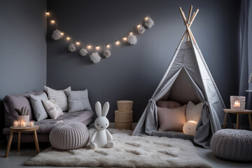 Cozy children room with teepee, soft lighting, and fluffy rug.