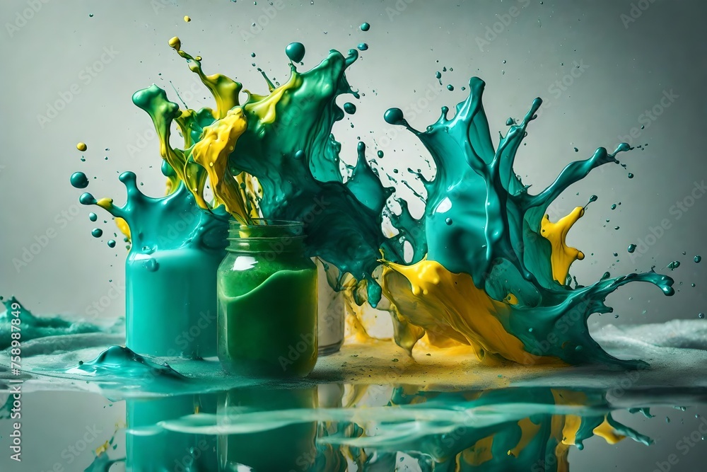 Poster close up view of mixing of green, yellow and bright turquoise paints splashes in water isolated on gray