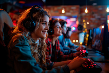 A group of friends playing a multiplayer video game together.Crowd having fun playing video game together on computer in city