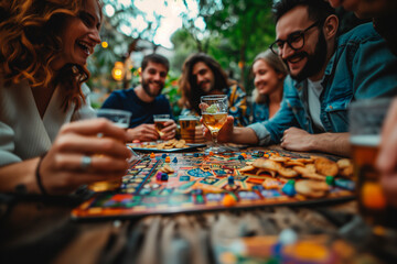 A group of friends having a board game night with snacks and drinks. a group of people are sitting around a table playing a board game - obrazy, fototapety, plakaty