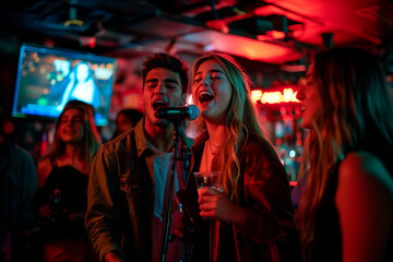 A group of friends having a karaoke night at a bar.Musicians entertaining crowd with flash photography at magentathemed bar event