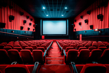 A movie theater with rows of empty seats and a big screen.An empty movie theater with red chairs, large screen, and dim lighting
