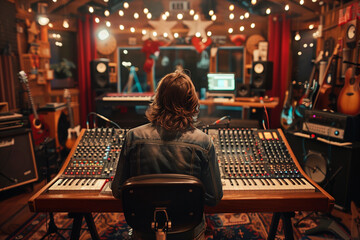 A musician recording music in a professional recording studio. Musician sitting in front of mixer in recording studio - obrazy, fototapety, plakaty
