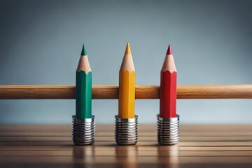 **A neat row of colorful sharpened pencils on a wooden desk - obrazy, fototapety, plakaty