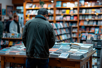 A person attending a book reading and signing event at a local bookstore. Customer browsing books on bookshelves at retail store