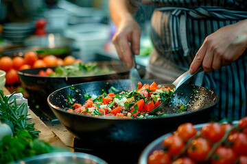 A person attending a cooking class and learning new recipes.Cooking vegetables in a frying pan in the kitchen - obrazy, fototapety, plakaty