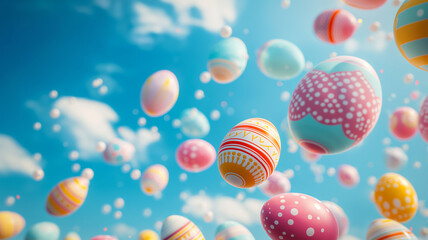 Fototapeta na wymiar Festive Easter Eggs Soaring in a Bright Blue Sky