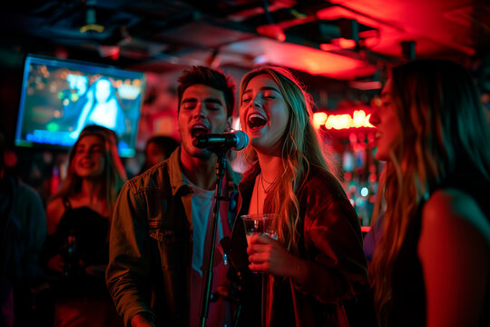A group of friends having a karaoke night at a bar.Musicians entertaining crowd with flash photography at magentathemed bar event