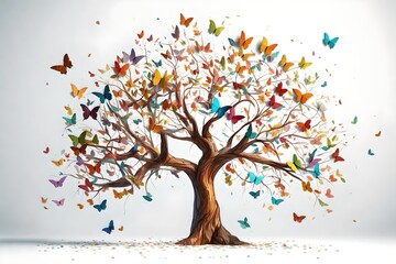 Butterfly tree on the white background, Colorful Tree, Decorative Tree Art, 3d abstract Colorful tree with leaves on hanging branches illustration background