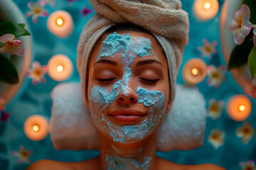 A person enjoying a relaxing day at the spa with massages and facials. A happy woman with a towel wrapped around head, getting facial treatment at spa