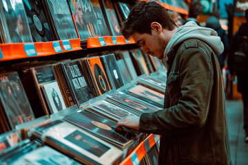 A person browsing through vinyl records at a record store.Man browsing records at a record store in the city