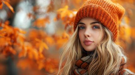 The autumn aura is palpable as a young woman in a beanie reflects amid vibrant foliage.