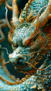 Golden Glow: Stunning 8K Realistic Image of Majestic Chinese Dragon in Turquoise Hue